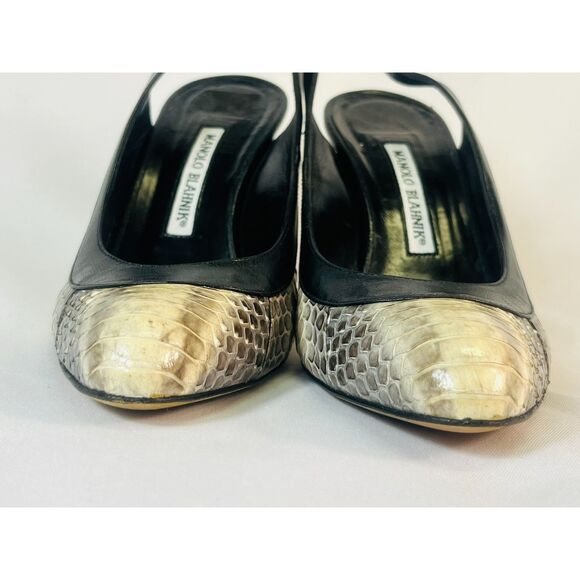 Manolo Blahnik Snakeskin Heels Black Ivory Gray EU 37 1/2/US 7 EUC Strappy - Picture 5 of 13